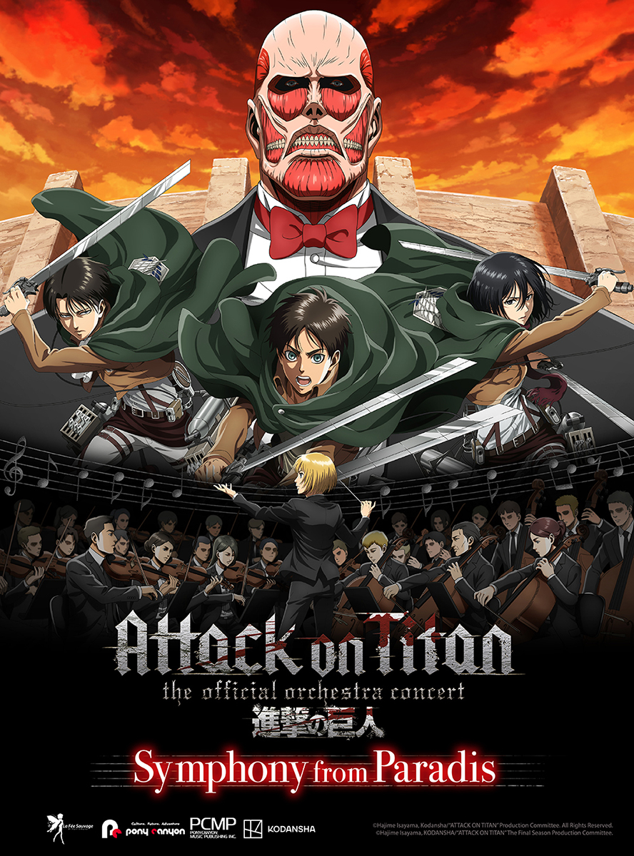 Affiche officielle de Symphony from Paradis : personnages de L’Attaque des Titans et orchestre réunis pour la tournée